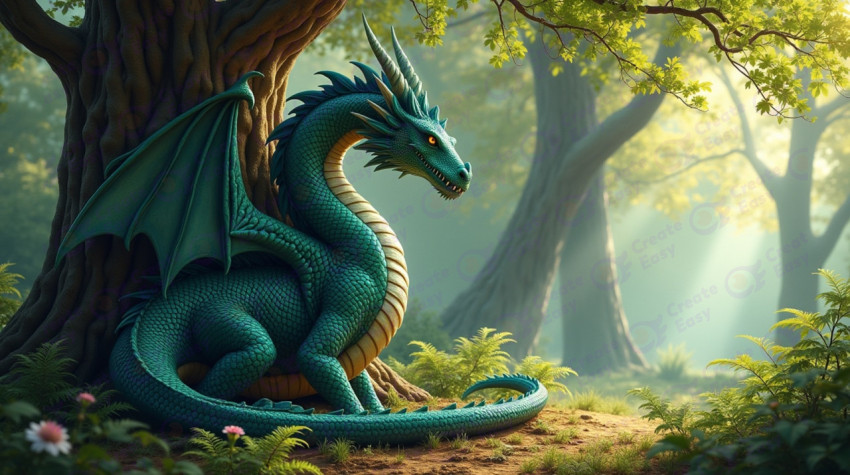 A majestic dragon with scales shimmering in shades
