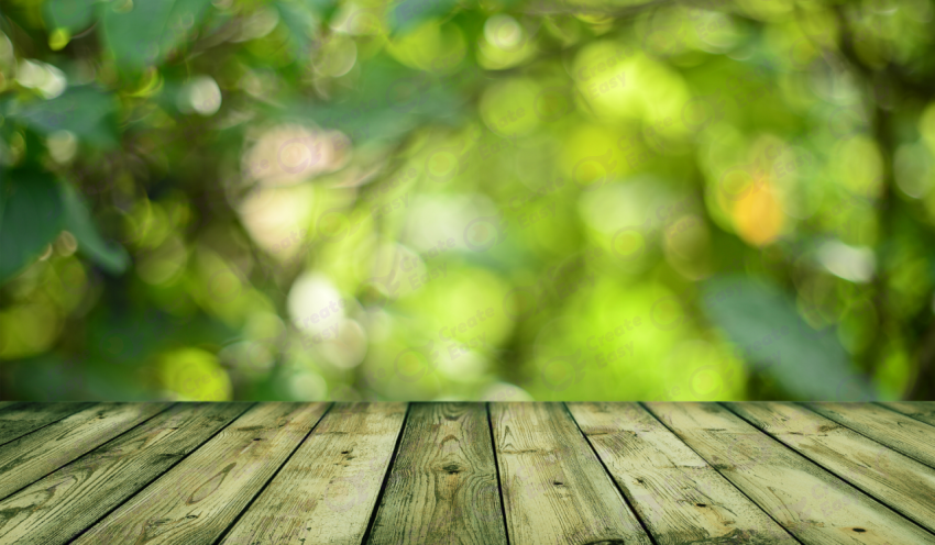 wooden surface and sunny forest color background