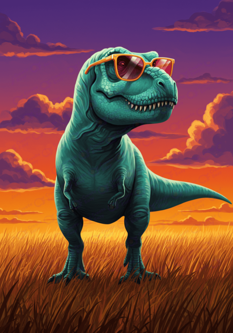 cool dinosaur wearing sunglasses at sunset