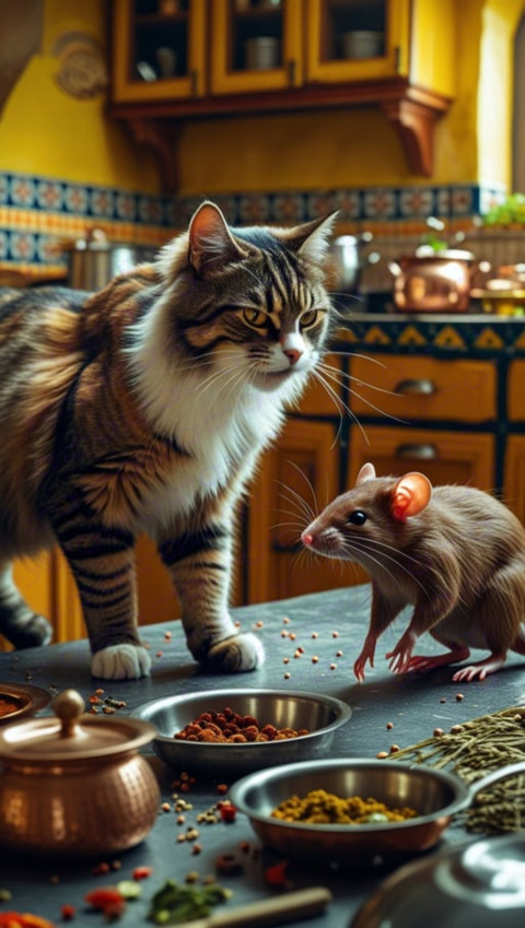 Traditionally decorated Indian kitche cat and mice