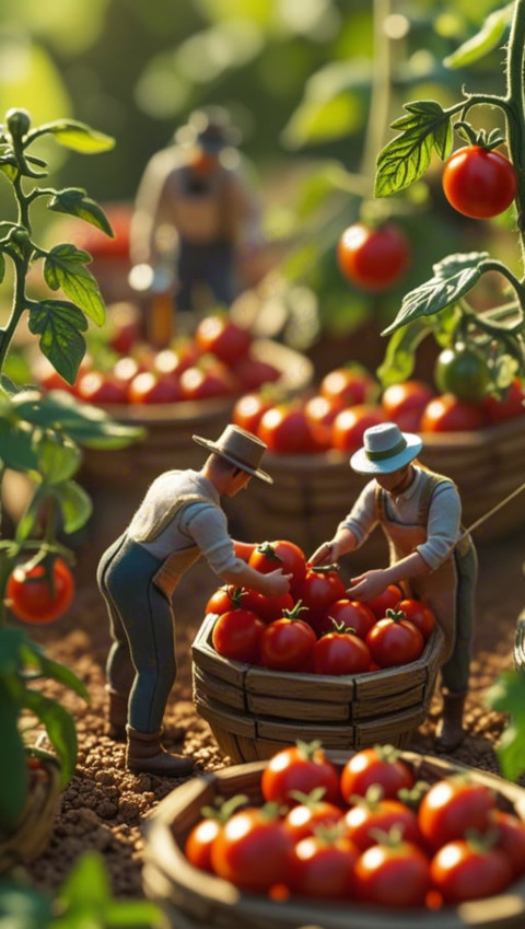 Miniature tomato farm scene tiny farmers