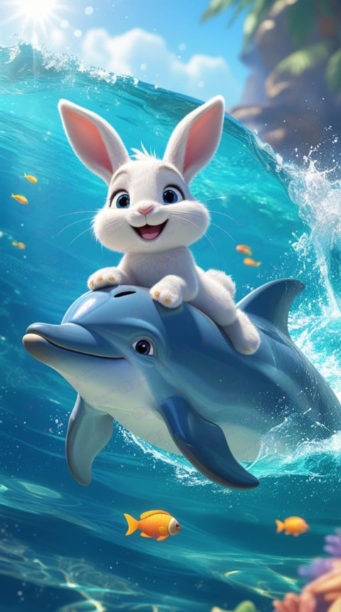 cute white rabbit rides joyfully