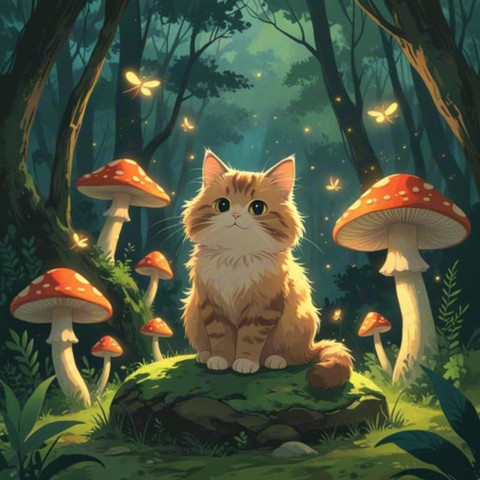 cute fluffy cat sitting on a mossy rock