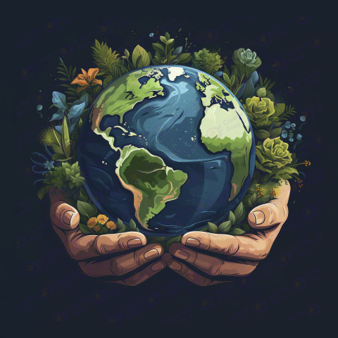 digital art with hands holding planet
