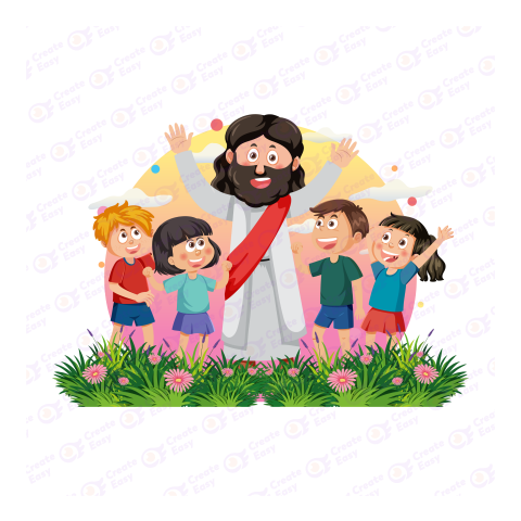 Jesus Christ with children Flat geometric management icon