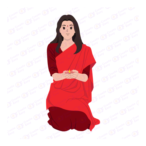Indian woman wearing a red saree with diya lamp Flat icon free png image