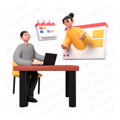 3D illustration of a cartoon man working at a computer desk